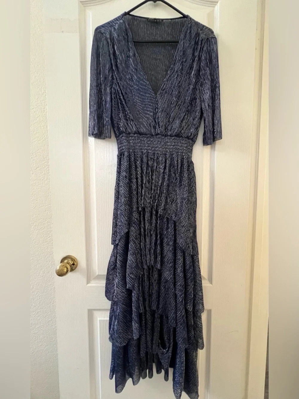 Maje Navy Metallic V-Neck Tiered High-Low Dress - Picture 3 of 6
